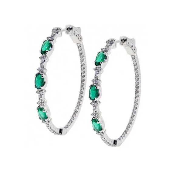 925 Sterling Silver Womens 1ct Diamond 2ct Green Emerald Gemstone Hoop Earrings - Picture 5 of 5